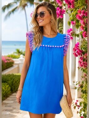 Lilly Pulitzer Ave Dress – Size Medium – Blue & Pink Pom Pom Shift Dress